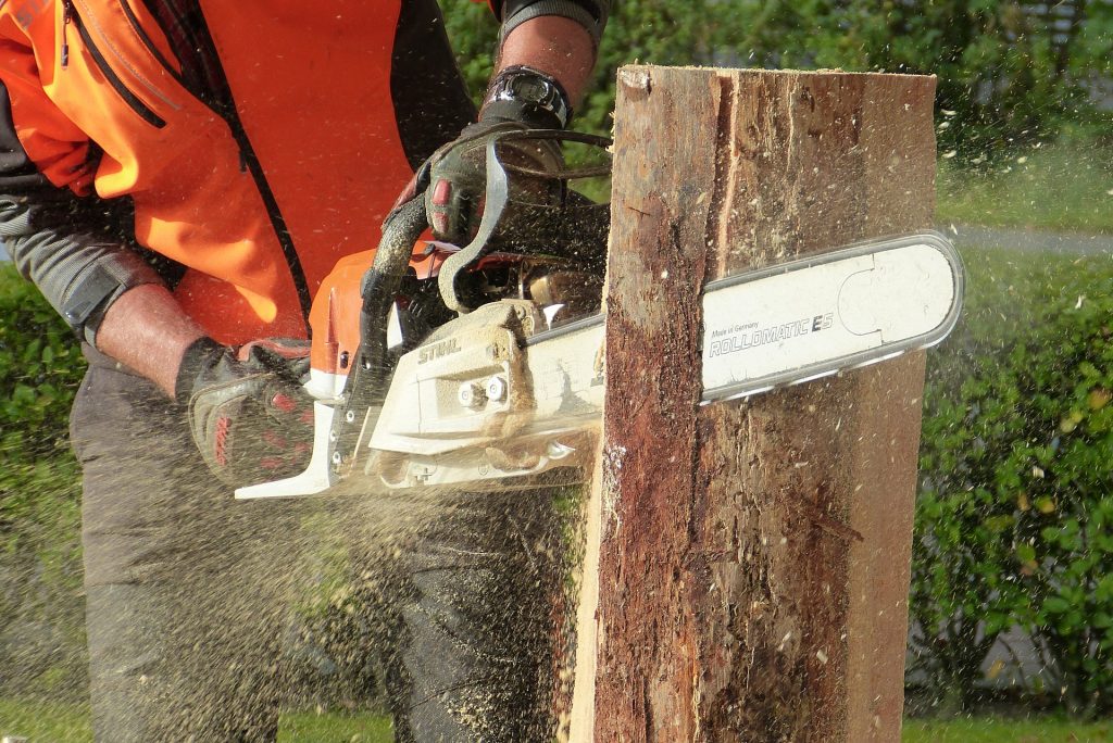 Chainsaw cutting into a log